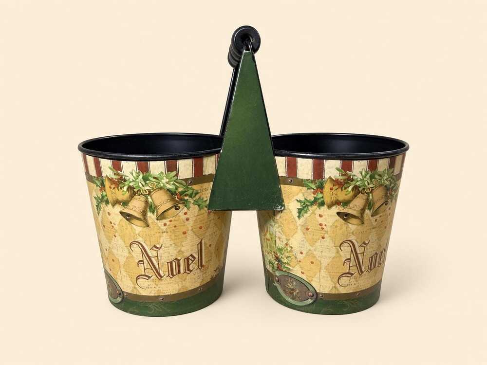 Noel Script Metal Pail Gold Bell Print Harlequin Band Bucket Holiday Treat Bin